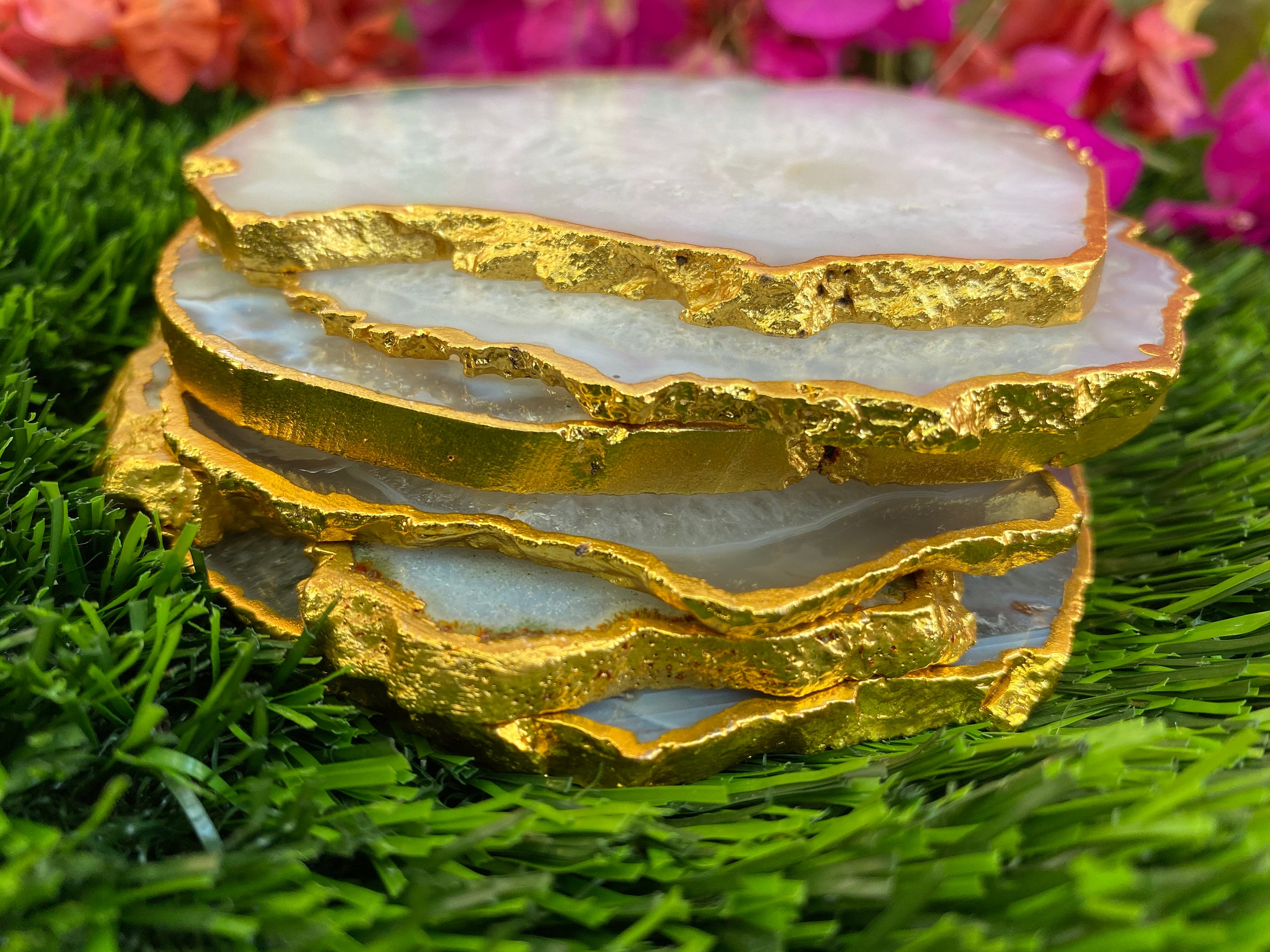 White Agate Coasters With Gold Toned Edge Geode Coasters Etsy