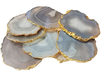 Gray Agate Coasters With Gold Toned Edge Geode Coasters Handmade for Gifts and Home Decor