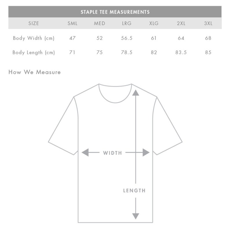 May include: A diagram showing how to measure the width and length of a t-shirt. The measurements are in centimeters. Size chart includes sizes small, medium, large, extra large, 2XL, and 3XL.