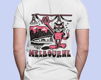 Melbourne Tram T-shirt | Psychedelic Cat T-shirt | Melboune souvenir T-shirt | Melbourne T-shirt | Pink Cat tee