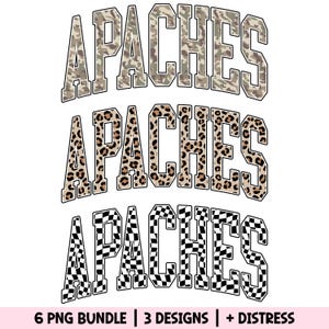 Apaches PNG Mascotte Sublimatiebundel Camo Leopard Checker Camouflage Geruit Cheetah Distress Distressed Grunge School Spirit Varsity