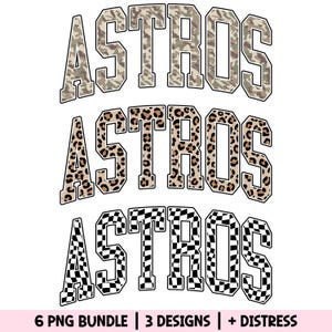 Może przedstawiać: Trzy wzory tekstu "ASTROS" w kamuflażu, panterce i szachownicy. Tekst jest obrysowany na czarno. Na dole obrazu widnieje napis "6 PNG BUNDLE | 3 DESIGNS | + DISTRESS".