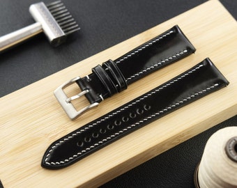 Negro Shinki Hikaku Shell Cordovan (acolchado) - Correa de reloj de cuero hecha a mano - 16mm 17mm 18mm 19mm 20mm 21mm 22mm 24mm - Correas artesanales