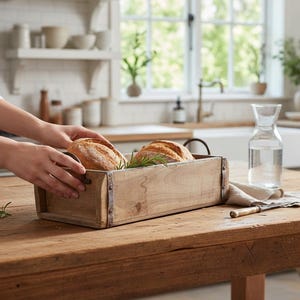 Könnte beinhalten: Eine rechteckige Brotform aus Holz mit Metalleckbeschlägen, die zwei runde Brotlaibe und einen Zweig Rosmarin enthält. Der Behälter hat eine verwitterte, hellbraune Oberfläche und steht auf einem rustikalen Holzküchentisch.