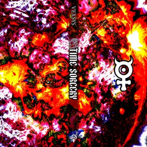 Puede incluir: Una impresión de arte digital con un fondo abstracto y ardiente. La impresión presenta un símbolo blanco con un círculo y una cruz, y el texto "Vexsys Time Sorcery".