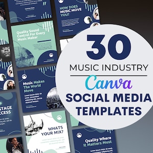 May include: A collection of 30 social media templates for the music industry, designed for Canva. The templates feature a blue and green color scheme with abstract shapes and lines. The text "30 Music Industry Canva Social Media Templates" is displayed in a large font.