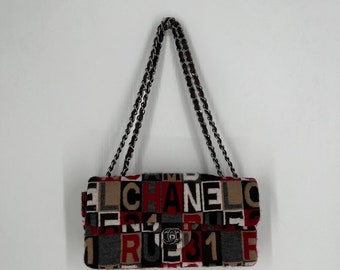 Chanel Y2K Jersey Knit Lettering Patchwork Chain Classic Shoulder Bag