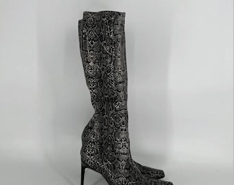 Casadei 90s Leather Python Snake Print Square-toe Stilletto Knee High Sock Boots