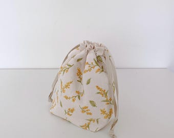 Japanese Cotton Kinchaku Pouch, Floral Fabric Travel Organizer, Small Drawstring Makeup Bag