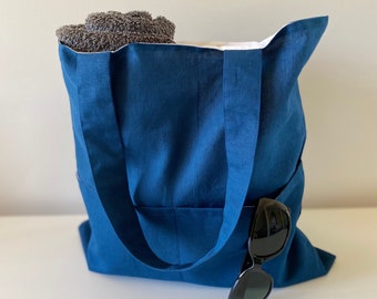 Tote bag, Shopping bag,Market bag,Shoulder bag, Handmade,Gift idea, Cotton linen - Iight indigo