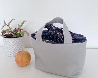 Lunch bag,Tote bag mini, cotton fabric,Kids bag,Handmade,Drawstring bag - floral/light gray