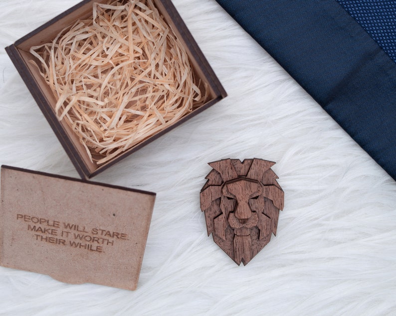 Handcrafted unisex wooden pinbadge valentines day gift for him best man gift Lion wooden brooch Lion pin