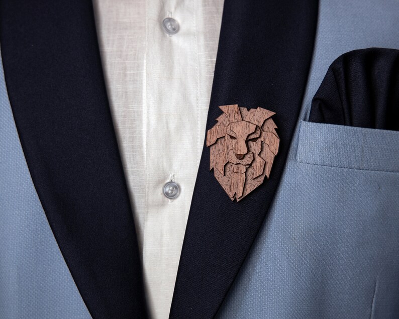 Handcrafted unisex wooden pinbadge valentines day gift for him best man gift Lion wooden brooch Lion pin