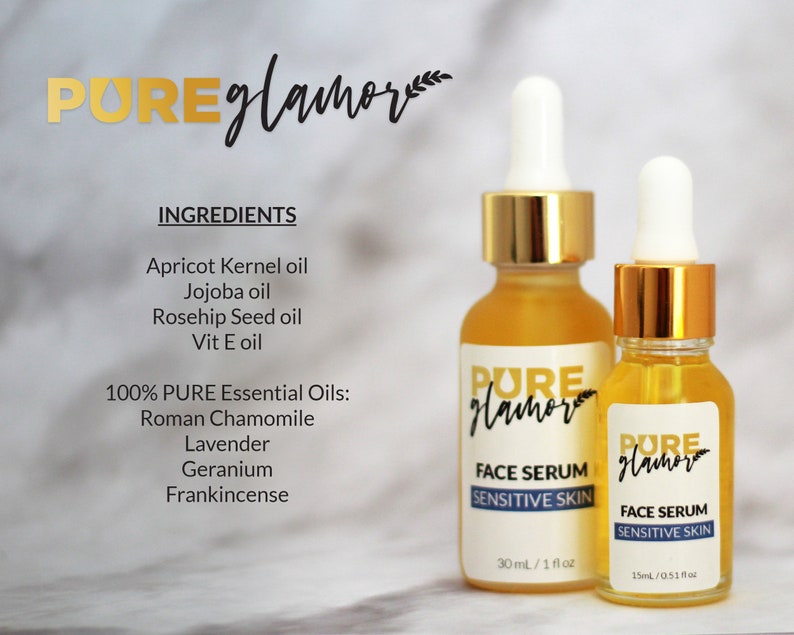 K&ouml;nnte beinhalten: Zwei Glasflaschen mit Gesichtsserum mit goldenen Deckeln und Etiketten. Die gr&ouml;&szlig;ere Flasche ist 30 ml/1 fl oz und die kleinere Flasche ist 15 ml/0.5 fl oz. Beide Flaschen tragen den Text "PURE glamor" und "FACE SERUM SENSITIVE SKIN". Die Zutatenliste umfasst Aprikosenkern&ouml;l, Jojoba&ouml;l, Hagebuttenkern&ouml;l, Vitamin E, R&ouml;mische Kamille, Lavendel, Geranie und Weihrauch.