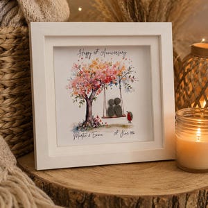 May include: A square white frame containing a pebble art piece featuring two figures sitting on a swing under a watercolour tree. The text reads Happy 40th Anniversary, Martin & Emma, and 1st June 1986. A small painted robin stands on the ground.