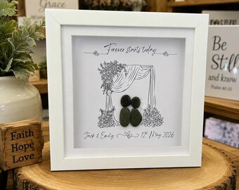 Wedding Gift, Bride and Groom Present, Unique sentimental couple keepsake, Wedding Day Momento, Personalised Pebble Art Frame,Wall Art Decor