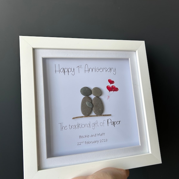 Unique 1st Wedding Anniversary Personalised Gift. Couple Pebble Art. Traditional Paper Anniversary present for husband or wife