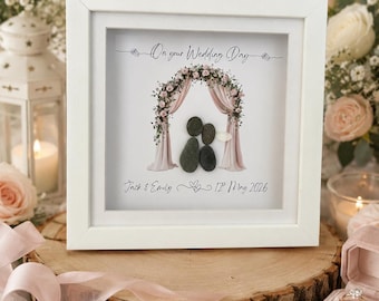 Puede incluir: Obra de arte de boda enmarcada en blanco con pareja de guijarros bajo un arco floral. El texto dice "On your Wedding Day", los nombres "Jack & Emily" y una fecha. La obra tiene suaves acentos florales rosas y blancos. Un recuerdo romántico.