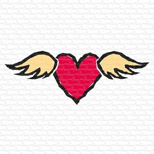 May include: A red heart with black outlines and two yellow wings. The heart shape is filled with a textured pattern. The wings are stylized with black outlines and a yellow fill, creating a whimsical design.