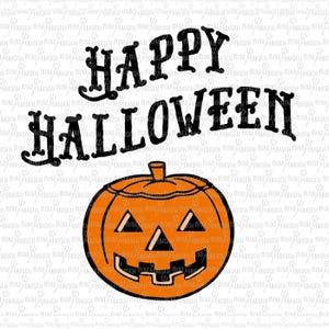 May include: A graphic featuring the words "HAPPY HALLOWEEN" in black, arched over an orange jack-o'-lantern. The pumpkin has triangular eyes and a rectangular mouth. The background is white with a repeating pattern.