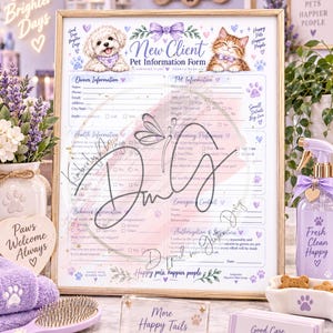 May include: A New Client Pet Information Form printed on paper with illustrations of a white dog and a brown tabby cat, featuring sections for owner and pet details, health, grooming preferences, and emergency contacts, accented with purple paw prints.