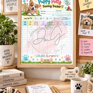May include: A framed Puppy Potty Training Tracker chart featuring a Corgi puppy illustration, a grid for tracking dates, times, potty types, locations, and rewards, with colorful paw print accents, grass graphics, and the text Puppy Potty Training Tracker.