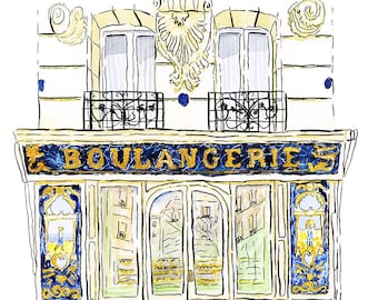 Boulangerie Bo Paris Bakery Watercolor Print / Cute Wall Art, Home Decorating, Original Painting, Wall Decor, Decorating Ideas