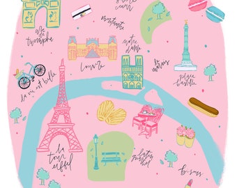 Paris Map Print | Paris Art Print | Pretty in Pink | Paris Wall Art | Parisian Home Decor | Cute Wall Art | Pink Paris | French Pastries