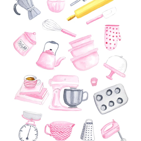 Bakers Tools Watercolor Print / Pink Blue Aqua Lavender / Bakery Tools / Bakery Art Prints / Cute Bakers Art / 5x7, 8x10, 11x14, 11x17