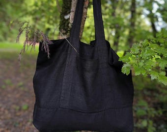 Sac fourre-tout en lin noir avec poches - Sac fourre-tout naturel fait main - Sac en lin minimaliste pour tous les jours - Idée cadeau classique