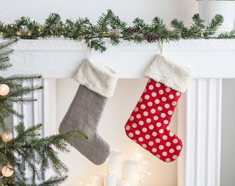 Christmas Linen Stocking, Holiday Home Decor, Linen Christmas Sock, Handcrafted Gift Holder, Linen Stocking Decoration, Red Christmas Sock