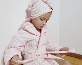 Easy Bath Routine With This Cozy and Comfortable Children’s Robe, Waffle Cotton Children’s Bathrobe, Handmade, Elegant Children Bathrobe