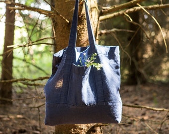 Twilight Blue Linen Bag, Summer Bag, Linen Bag, Handmade Tote, Shoulder bag, Shopping Linen Bag, Bag With Pockets, Linen Market Bag