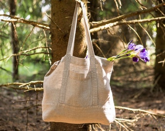Borsa tote in lino naturale, borsa per la spesa in lino, semplice shopper in lino, borsa a tracolla in lino, borsa per gita di un giorno in lino, borsa in lino ecologica