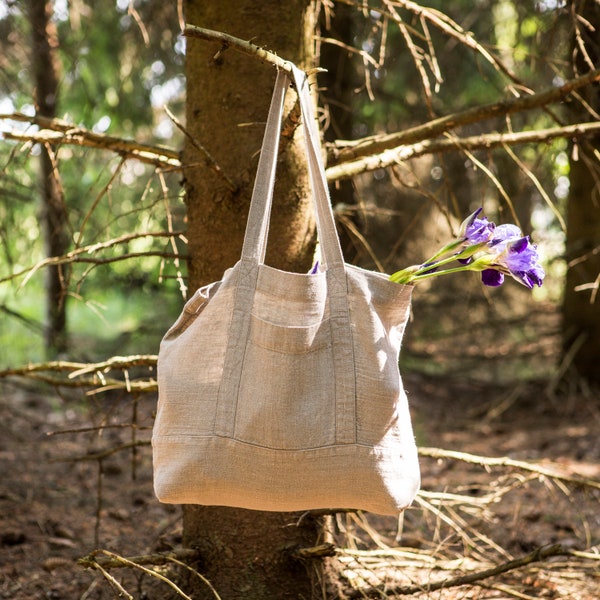 Borsa tote in lino naturale, borsa per la spesa in lino, semplice shopper in lino, borsa a tracolla in lino, borsa per gita di un giorno in lino, borsa in lino ecologica