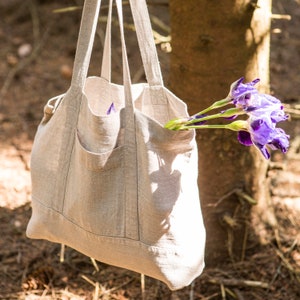 Natural Linen Tote Bag with Pockets – Large Handmade Shoulder Bag – Eco-Friendly Market Bag – Reusable Beach Bag – Gift for Her