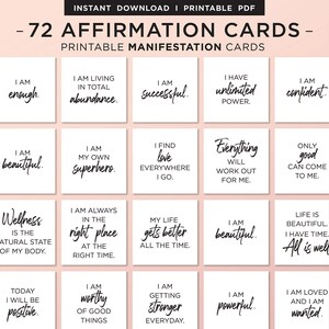 Puede incluir: Un conjunto de 72 tarjetas de afirmación imprimibles con mensajes positivos para el amor propio, la confianza en sí mismo y el éxito. Las tarjetas son blancas con texto negro y están dispuestas en una cuadrícula.