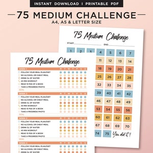 75 Medium Challenge, 75 Day Medium Challenge Tracker, 75 Day Challenge Printable, Habit tracker, Weight Loss Challenge, Fitness Journal, PDF