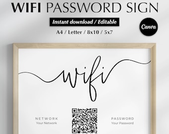 WiFi QR Code Sign Printable, WiFi Sign, WiFi Password Sign, Editable, Instant Download, Airbnb Wifi, Guest Wifi, Canva, Landscape Template