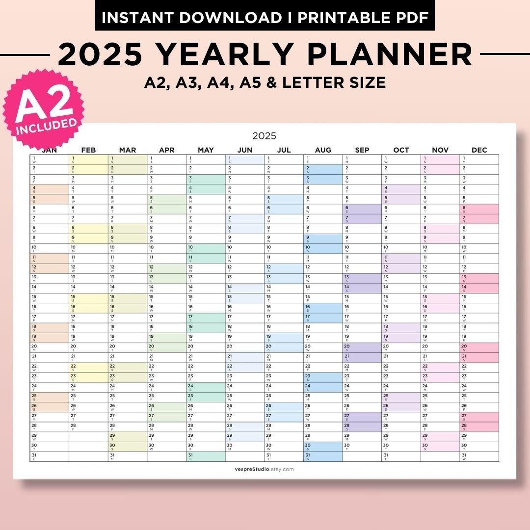 2025 Yearly Planner, Year at a Glance, Year Planner on 1 Page, Minimalistic Planner Printable