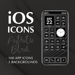 Puede incluir: Una maqueta en blanco y negro de una pantalla de iPhone con fondo negro e iconos de aplicaciones blancas. La fecha es el 22 de septiembre y la hora es las 11:11. El texto "iOS ICONS Aesthetic Black" se muestra en el lado izquierdo de la imagen. El texto "100 APP ICONS" y "3 BACKGROUNDS" se muestra en la parte inferior izquierda de la imagen.