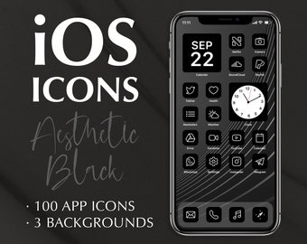 iOS App Icon Pack, 100 App Pack, iPhone Aesthetic Black, Black Minimalist Icon Pack, Apple Modern Icon, Aesthetic iPhone App Icons