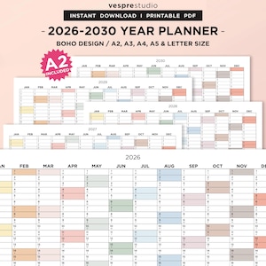 2026 to 2030 Year Planner, Yearly Overview Printable, Year Planner on 1 Page, Minimalistic Calendar Printable, 2026 Year Planner, Tracker