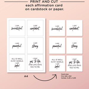 Puede incluir: Cartas de afirmaci&oacute;n imprimibles con mensajes positivos como "Soy exitoso" y "Digo s&iacute; a la vida". Las cartas est&aacute;n dise&ntilde;adas para ser recortadas y utilizadas para la autoafirmaci&oacute;n. El tama&ntilde;o de la tarjeta es de 8,8 cm por 8,8 cm.