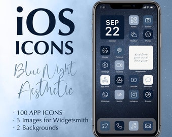 iOS App Icon Pack, 100 App Dark Pack, iPhone Aesthetic Galaxy, Blue Night Icons Pack, iOS Widget Covers, Aesthetic iPhone Icons
