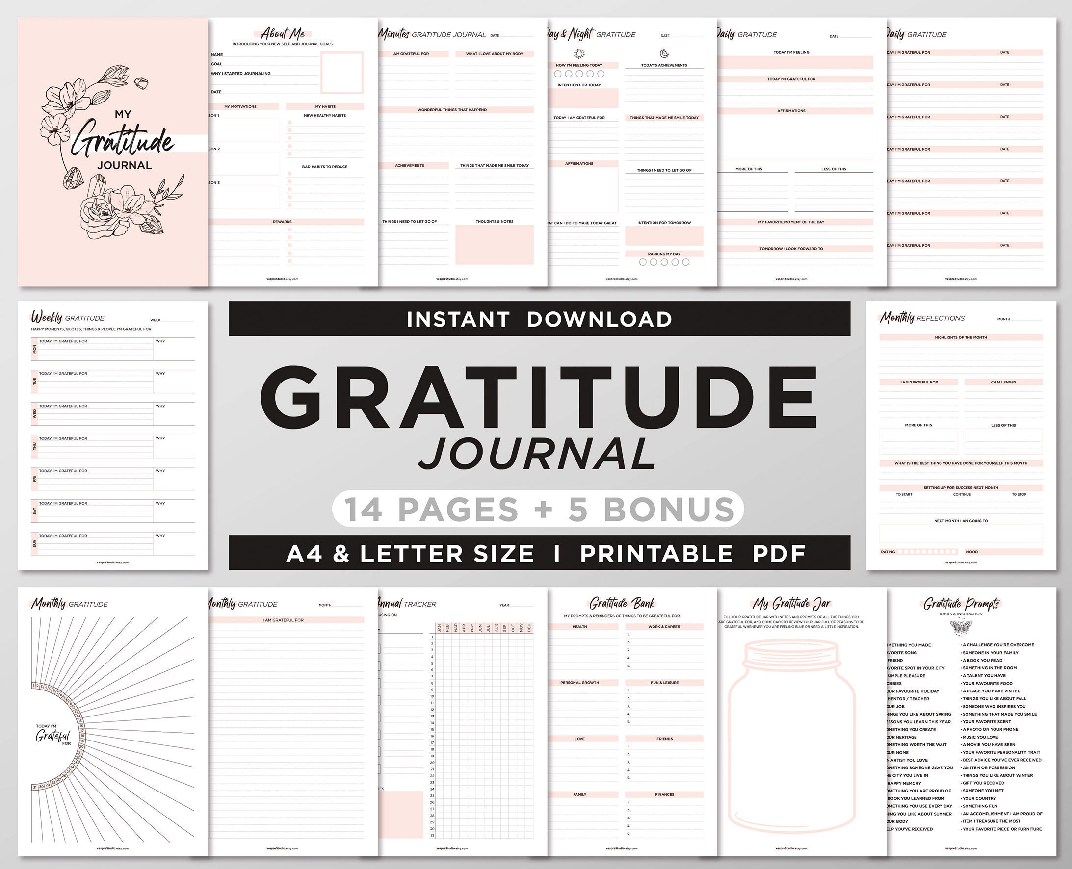 Gratitude Journal Printable Bundle Mindfulness Log Gratitude Template Self  Care Planner Daily Journal for Women Gratitude Template Canva 