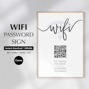 WiFi QR Code Sign Printable, WiFi Sign, WiFi Password Sign, Editable, Instant Download, Airbnb Wifi, Guest Wifi, Canva, A4,Letter, 8x10, 5x7