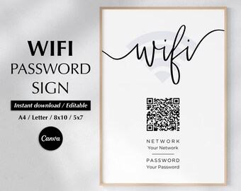 WiFi QR Code Sign Printable, WiFi Sign, WiFi Password Sign, Editable, Instant Download, Airbnb Wifi, Guest Wifi, Canva, A4,Letter, 8x10, 5x7