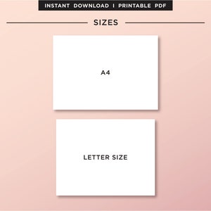 May include: A white rectangle with the text "SIZES" in black. Below the text are two white rectangles with black text. The top rectangle says "A4" and the bottom rectangle says "LETTER SIZE". The background is a light pink gradient.