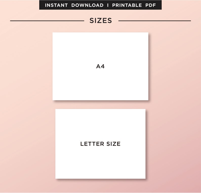May include: A white rectangle with the text "SIZES" in black. Below the text are two white rectangles with black text. The top rectangle says "A4" and the bottom rectangle says "LETTER SIZE". The background is a light pink gradient.